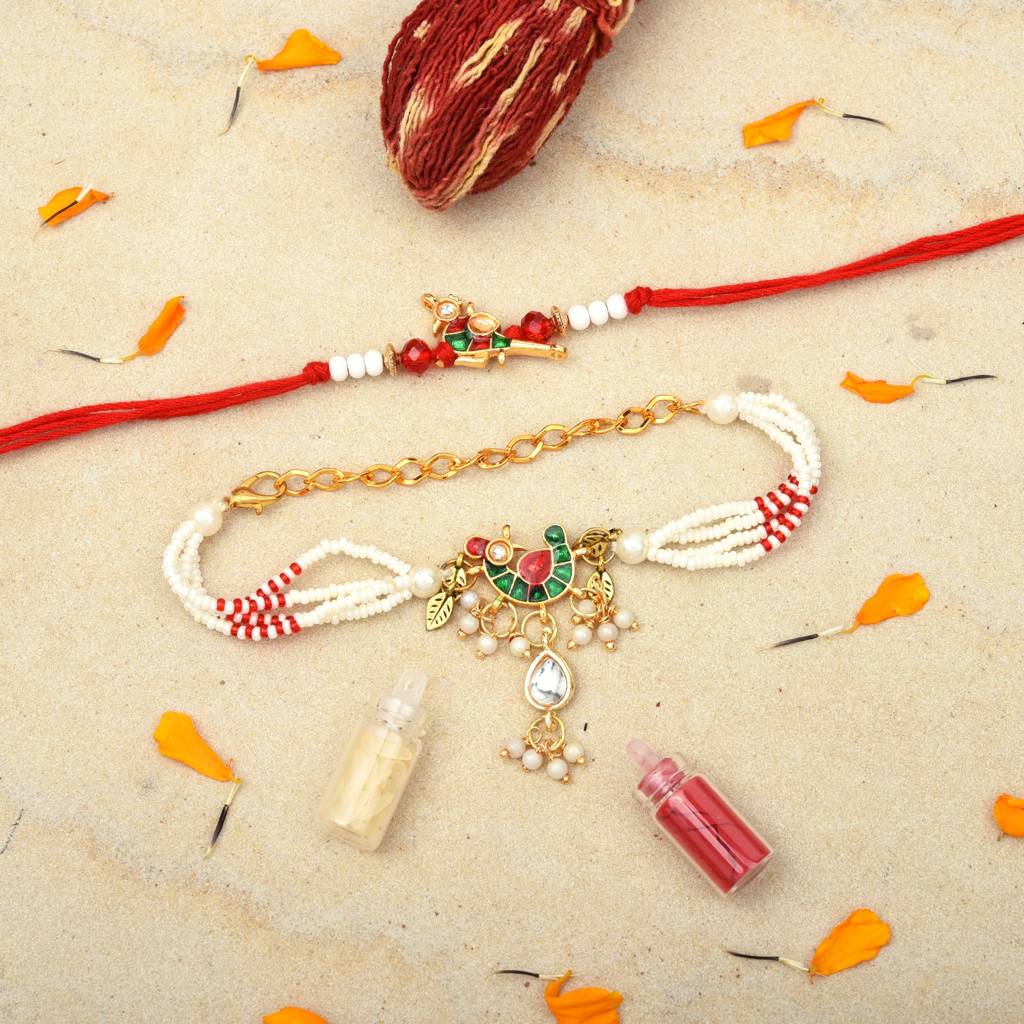 Royal Krishna Flute & Meenakari Peacock Pearl Bracelet Rakhi Combo – Set Of 2 : MJRAKHI08