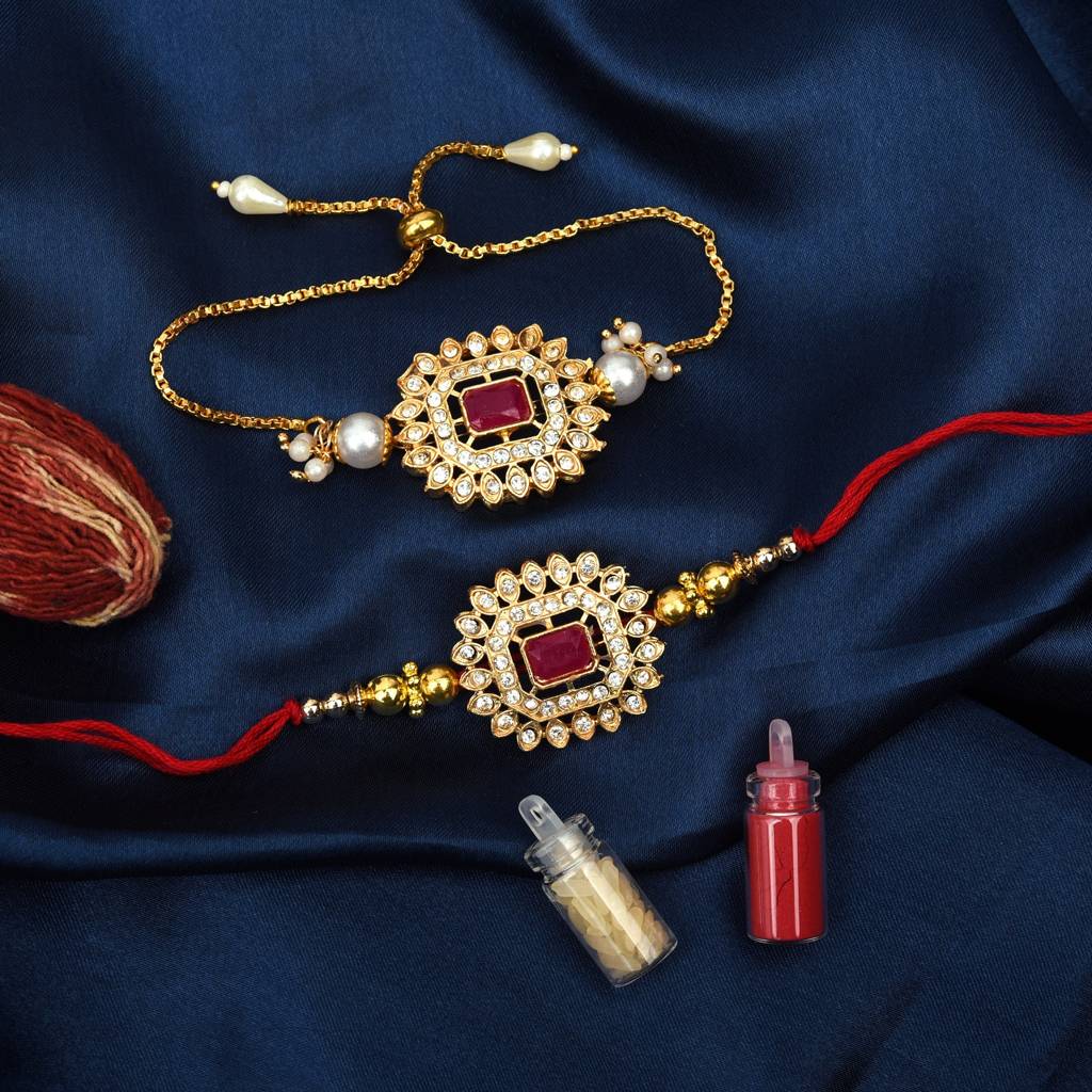 Imperial Ruby Sunburst Gold-Plated Rakhi Combo – Set Of 2 : MJRAKHI09