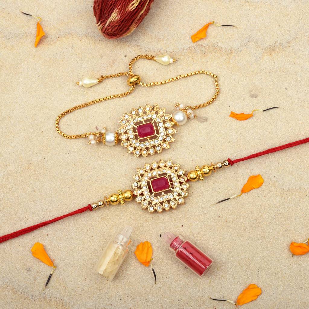 Imperial Ruby Sunburst Gold-Plated Rakhi Combo – Set Of 2 : MJRAKHI09