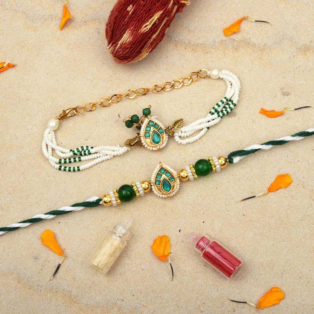 Royal Emerald Teardrop Gold-Plated Rakhi Combo – Set Of 2 : MJRAKHI05