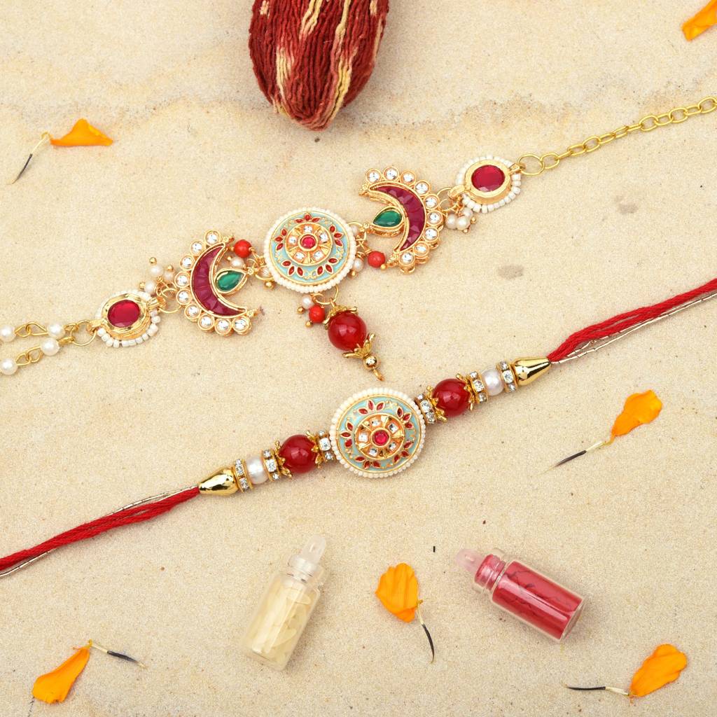 Premium Gold-Plated Turquoise & Ruby Medallion Rakhi Set (Pack Of 2) : MJRAKHI10