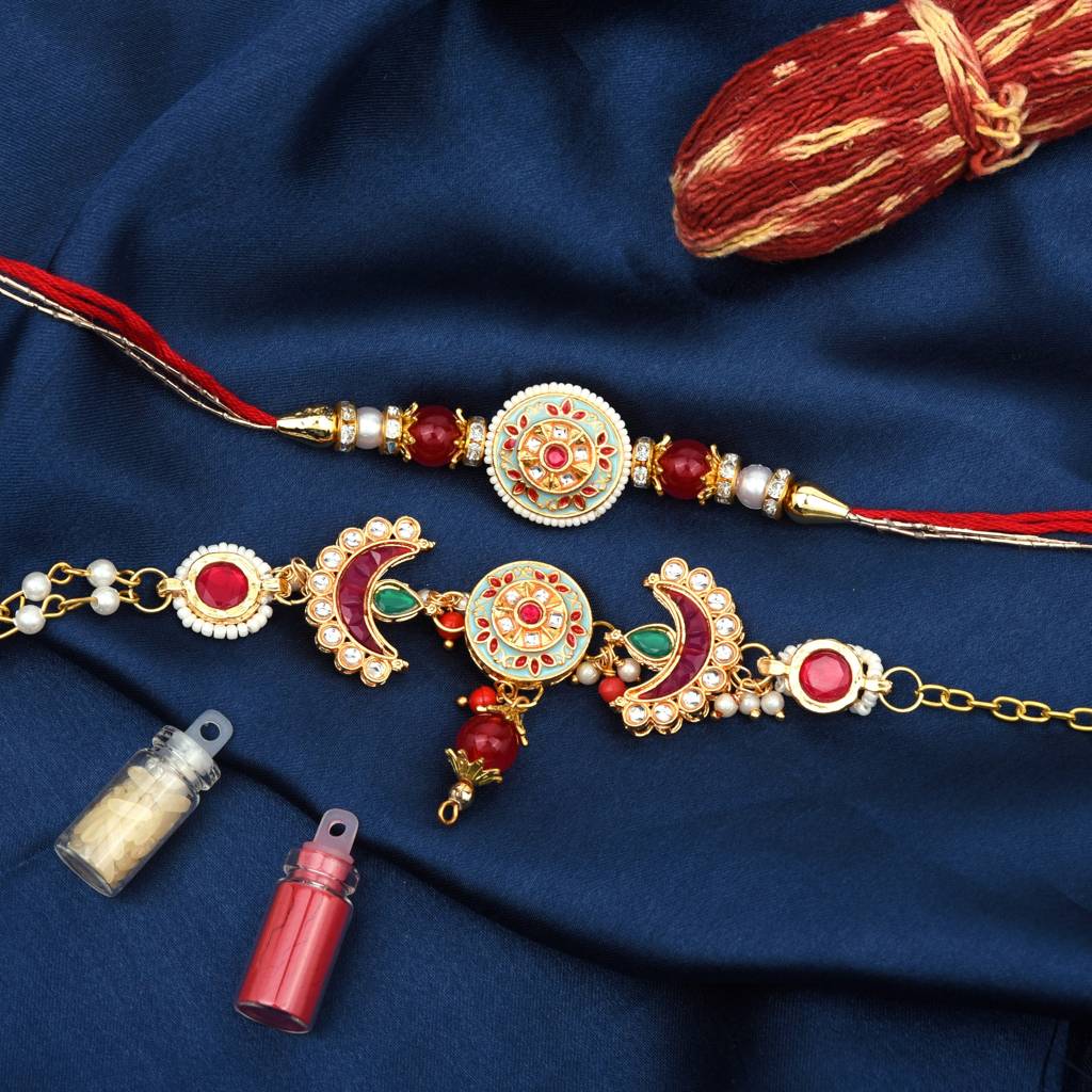 Premium Gold-Plated Turquoise & Ruby Medallion Rakhi Set (Pack Of 2) : MJRAKHI10