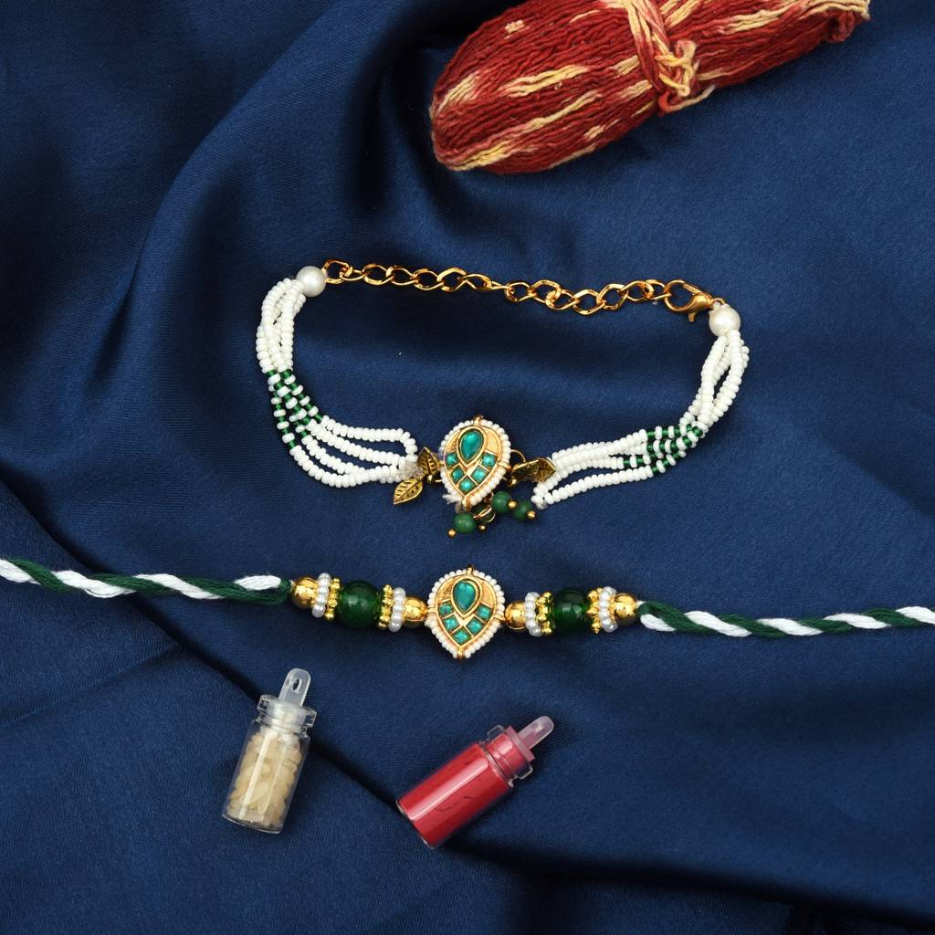 Royal Emerald Teardrop Gold-Plated Rakhi Combo – Set Of 2 : MJRAKHI05