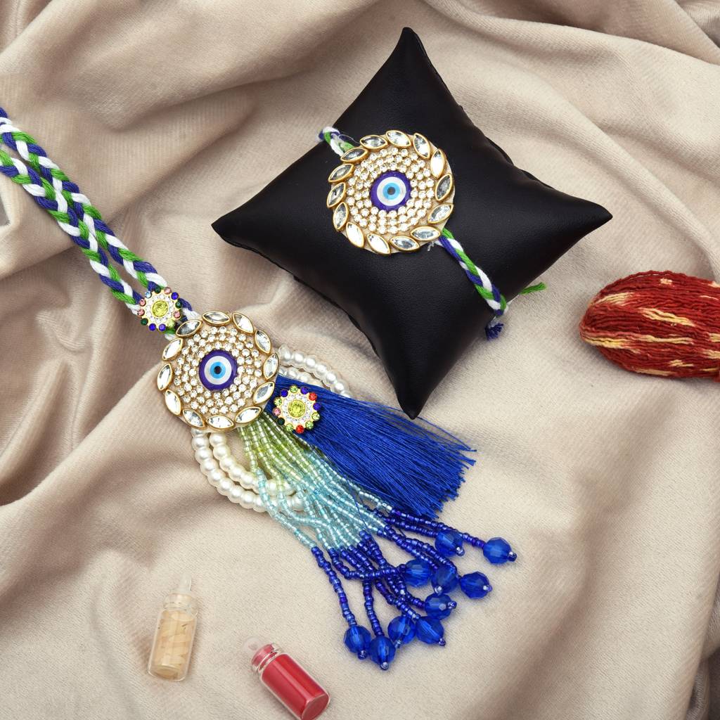Premium Evil Eye Bhaiya-Bhabhi Rakhi Set With Silk Tassel Lumba (Pack Of 2) : MJRAKHI12