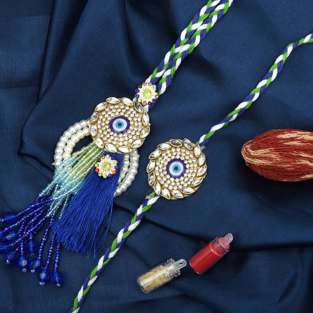 Premium Evil Eye Bhaiya-Bhabhi Rakhi Set With Silk Tassel Lumba (Pack Of 2) : MJRAKHI12