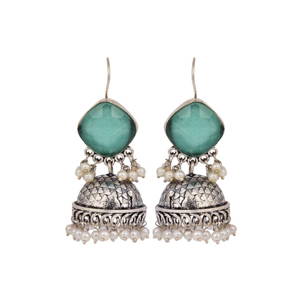 Oxidised Silver Brass Stone Jhumka Earrings : S24AJER253BLU