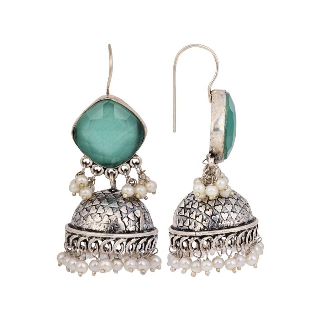 Oxidised Silver Brass Stone Jhumka Earrings : S24AJER253BLU