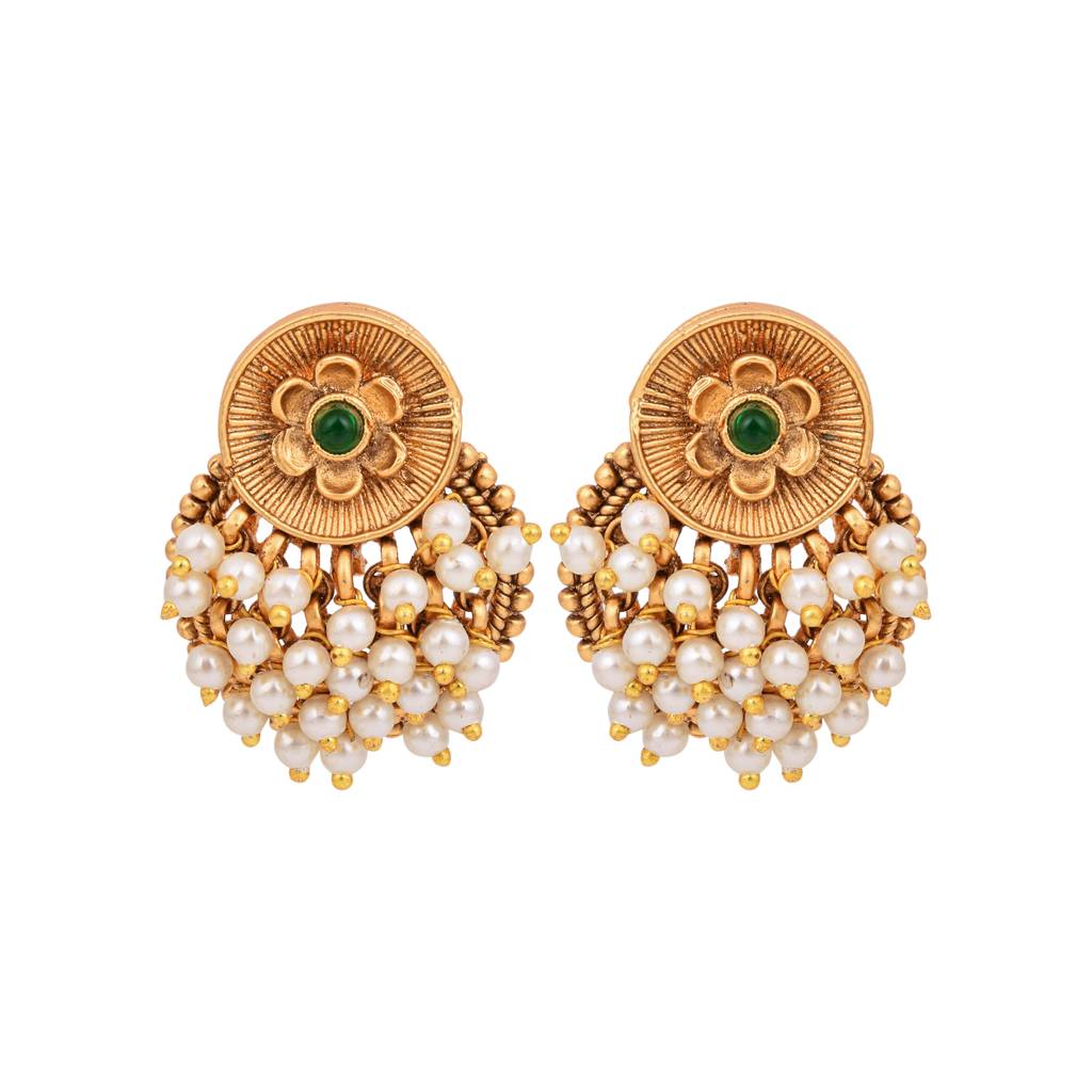 Antique Finish Brass Pearl Cluster Stud Earrings : S24FAER263GLD