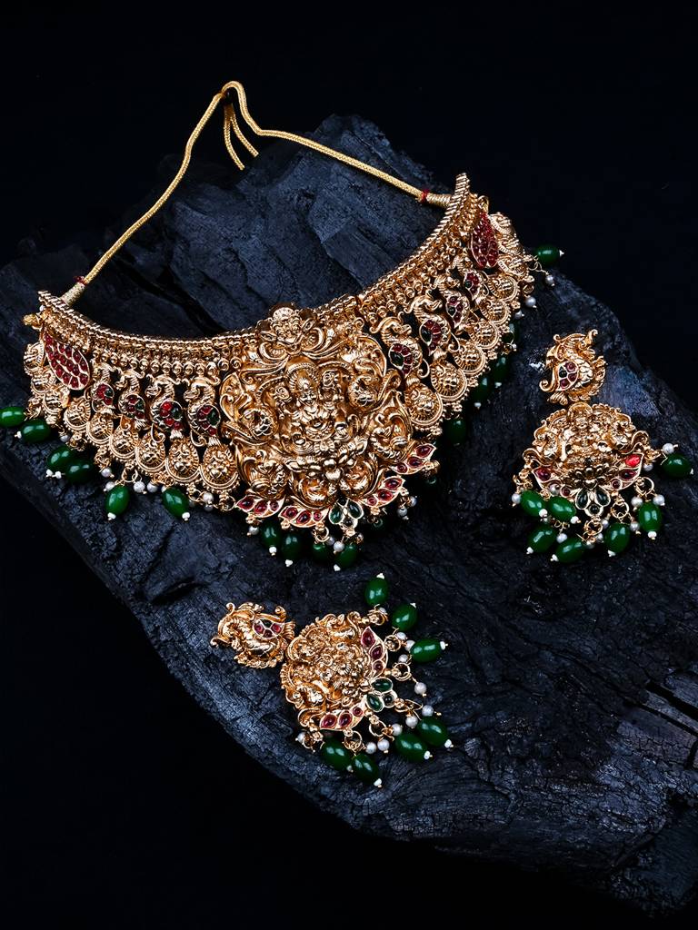 Gold Plated Stone Studded Designer Choker Setâ : CH17GREEN