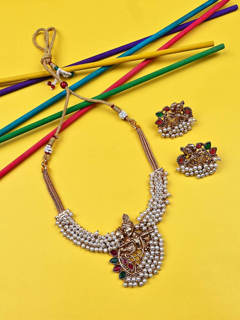 Luxurious Temple Radha Krishna Hydra Necklace Set : W09WHITE
