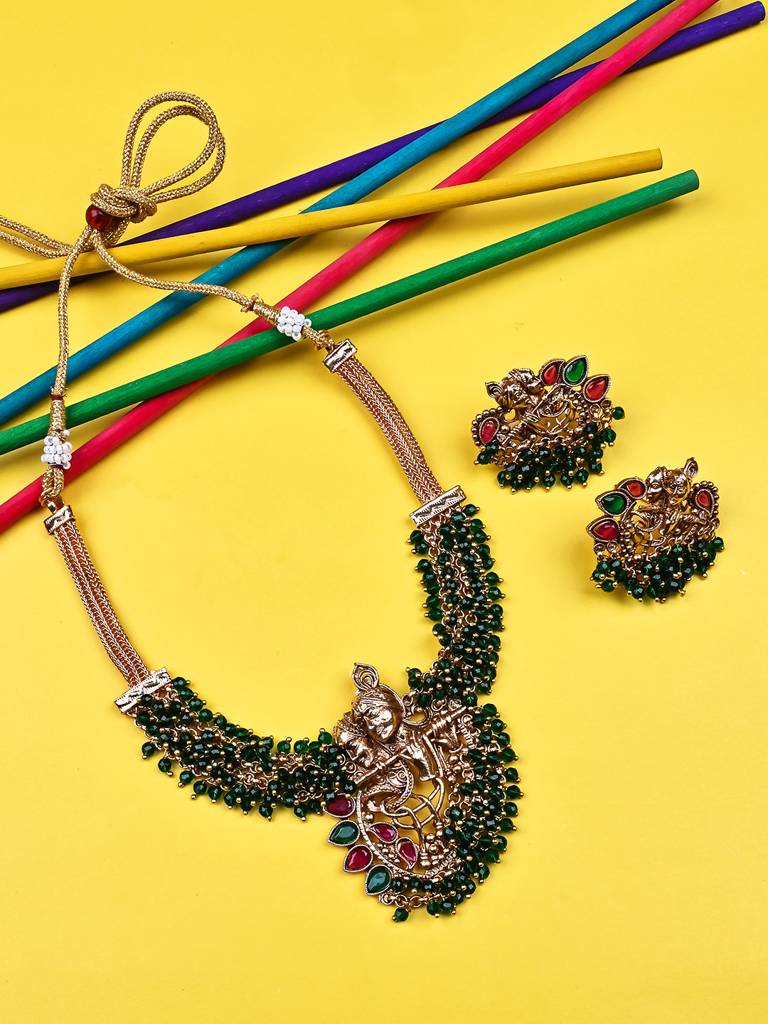 Luxurious Temple Radha Krishna Hydra Necklace Set : W09GREEN