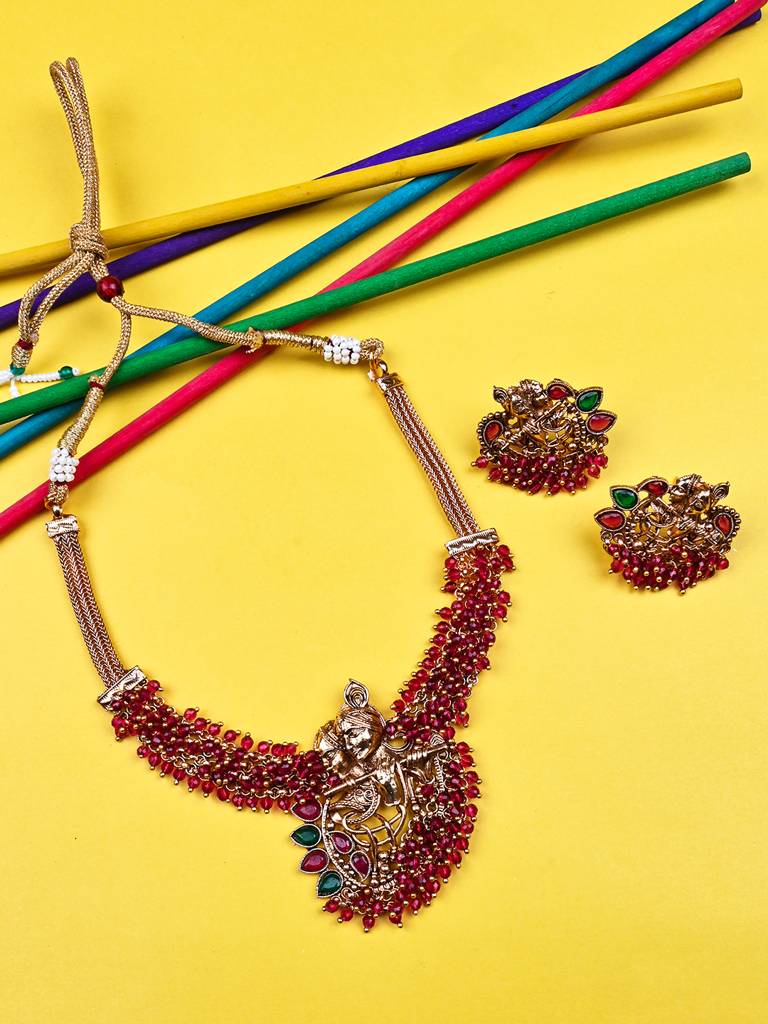 Luxurious Temple Radha Krishna Hydra Necklace Set : W09RED