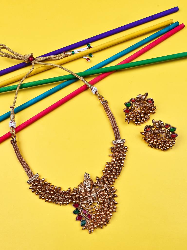 Luxurious Temple Radha Krishna Hydra Necklace Set : W09GOLD
