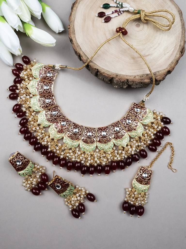 Dual Colour Kundan Meenakari Necklace Set With Earrings And Maangtika : Kundan08Maroon