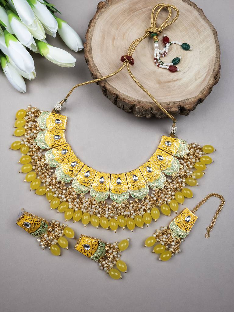 Dual Colour Kundan Meenakari Necklace Set With Earrings And Maangtika : Kundan08Yellow