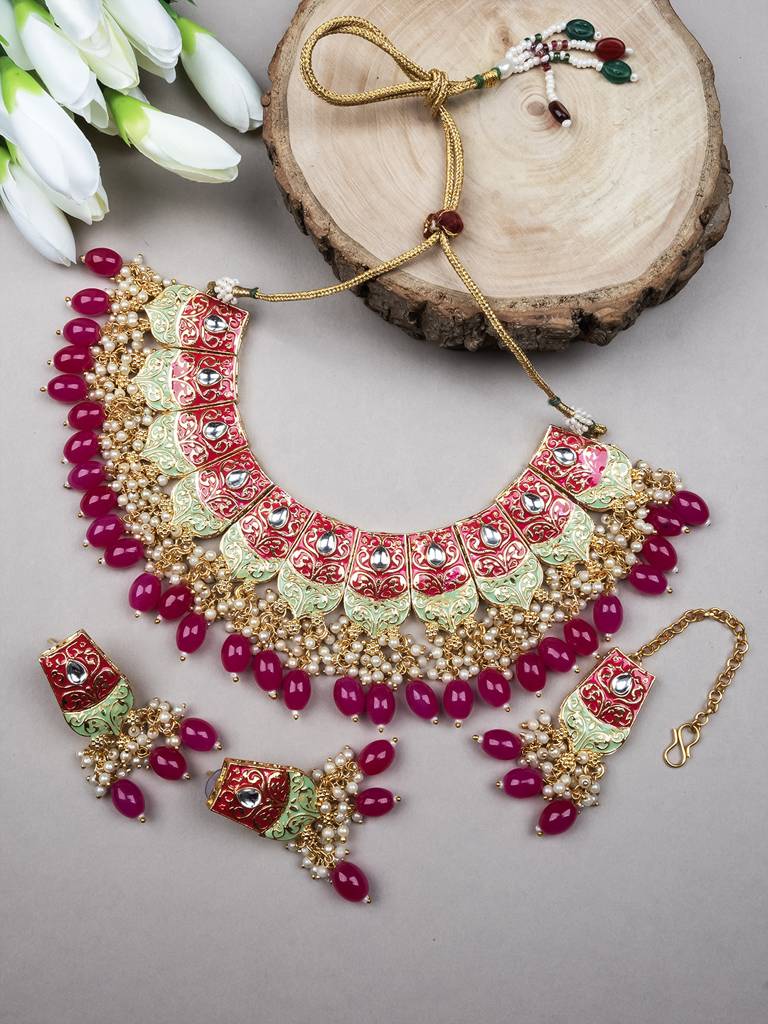 Dual Colour Kundan Meenakari Necklace Set With Earrings And Maangtika : Kundan08Pink