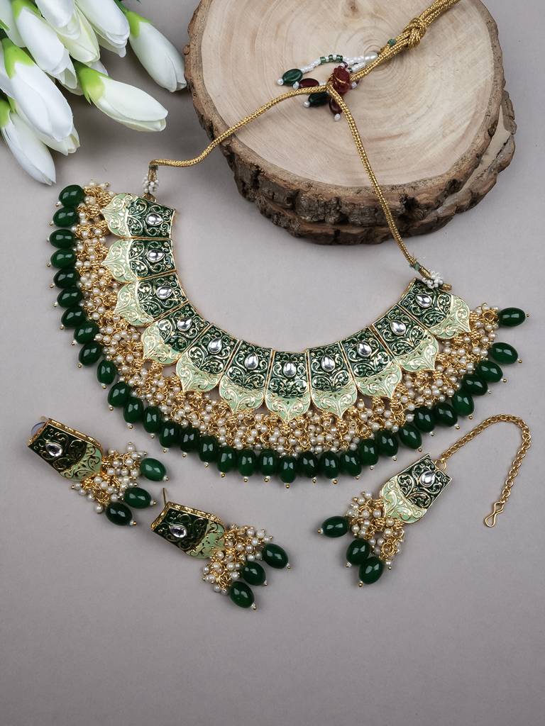 Dual Colour Kundan Meenakari Necklace Set With Earrings And Maangtika : Kundan08Green