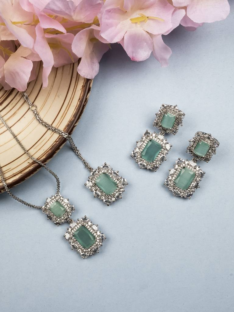 Silver Plated Square Cz Big Pendant Set With Earrings And Maangtika : Pendant03Mint