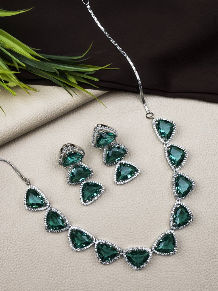 Silver Plated Bold Triangle Necklace Set With Long Earrings : AD124GREEN