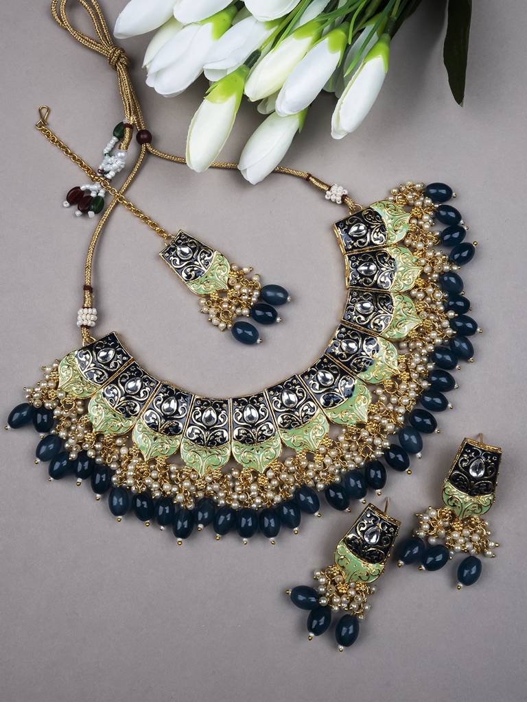 Dual Colour Kundan Meenakari Necklace Set With Earrings And Maangtika : Kundan08Blue