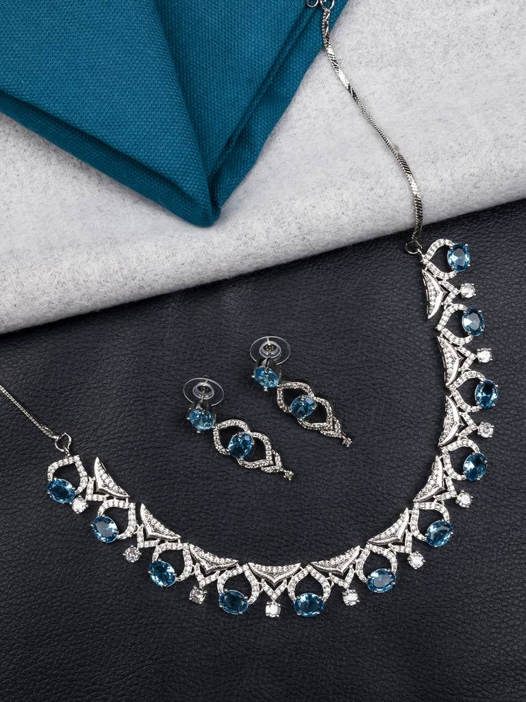 Silver-Plated Sleek Cut Work Cz Ad Necklace : AD126CRYSTALBLUEWHITE