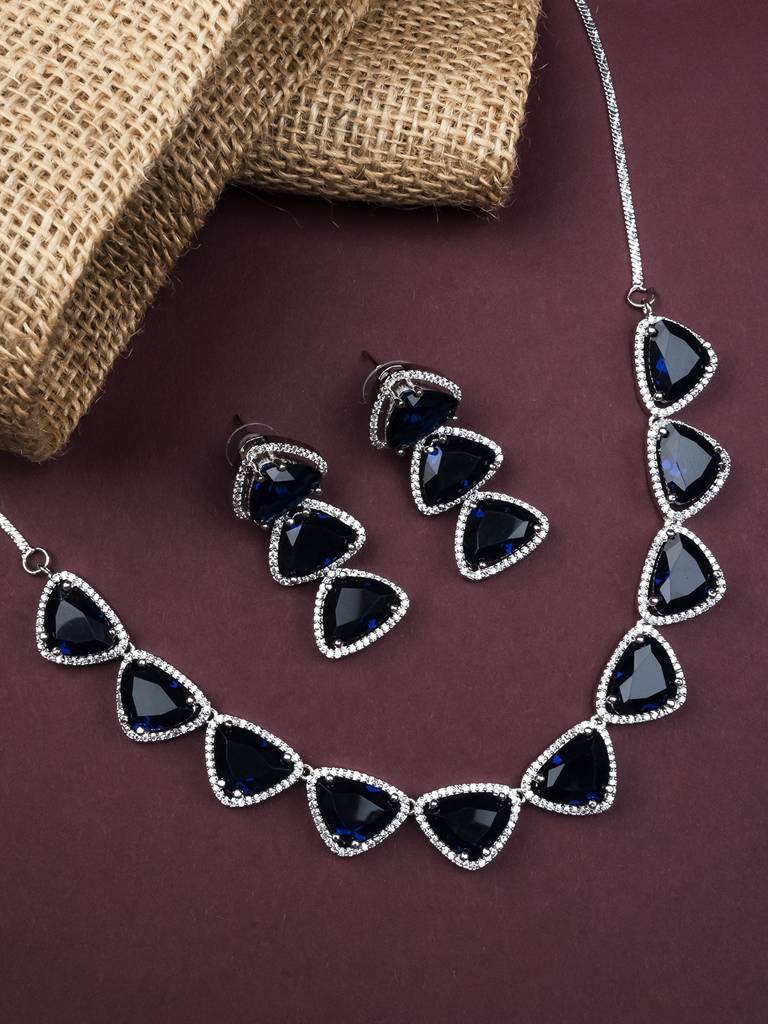 Silver Plated Bold Triangle Necklace Set With Long Earrings : AD124BLUE