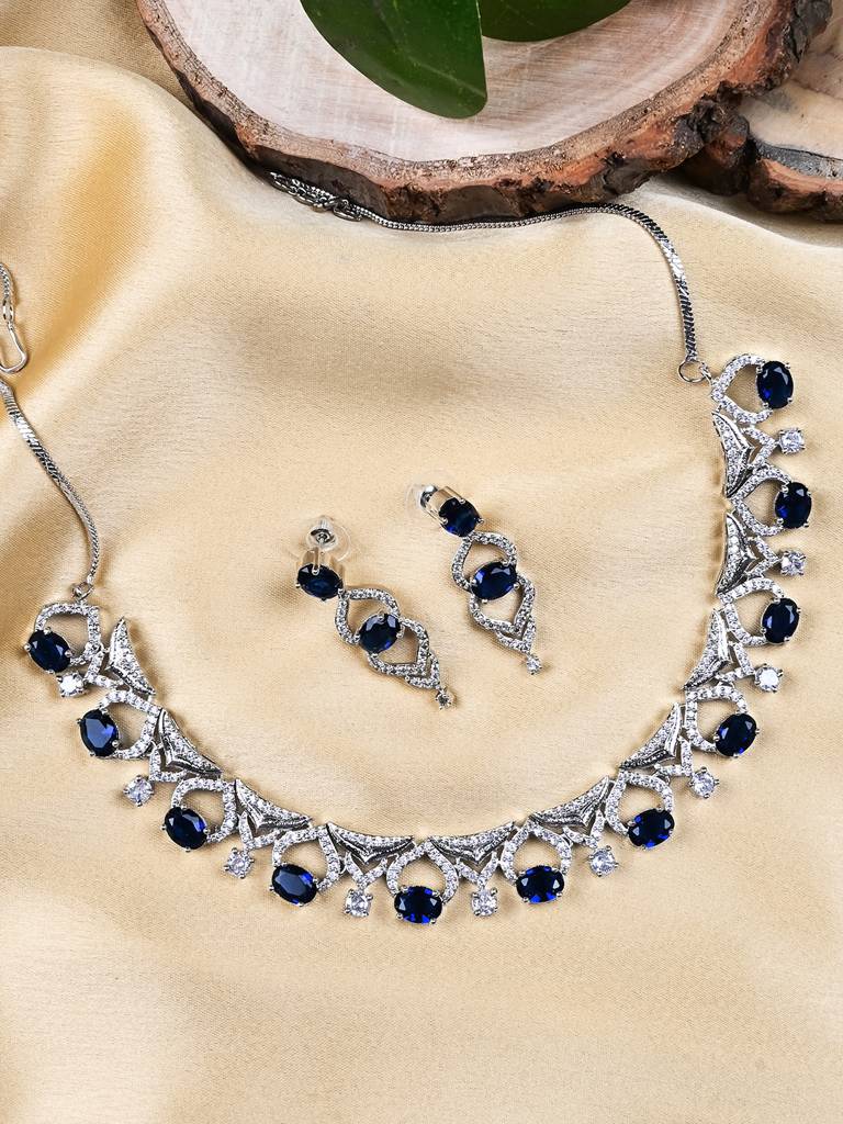Silver-Plated Sleek Cut Work Cz Ad Necklace : AD126BLUE