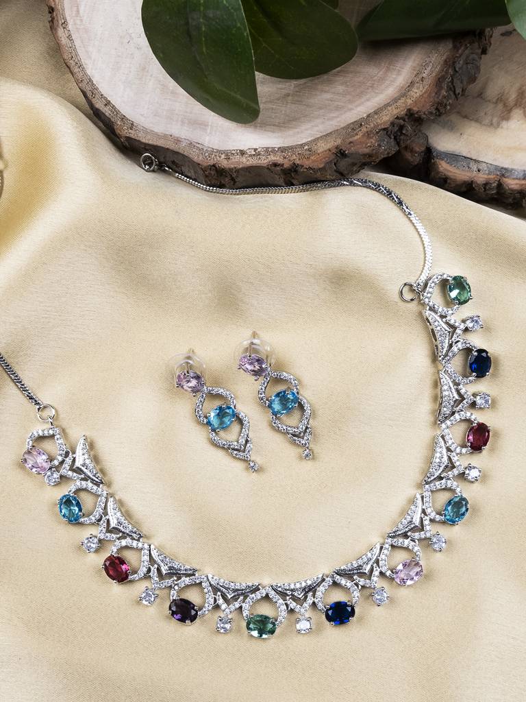 Silver-Plated Sleek Cut Work Cz Ad Necklace : AD126MULTI