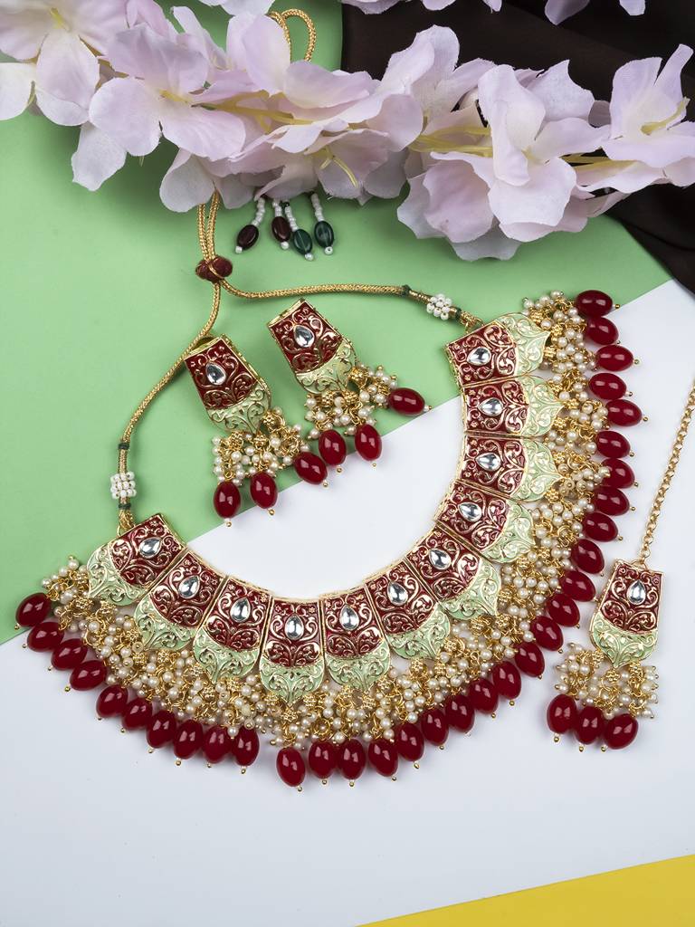 Dual Colour Kundan Meenakari Necklace Set With Earrings And Maangtika : Kundan08Red