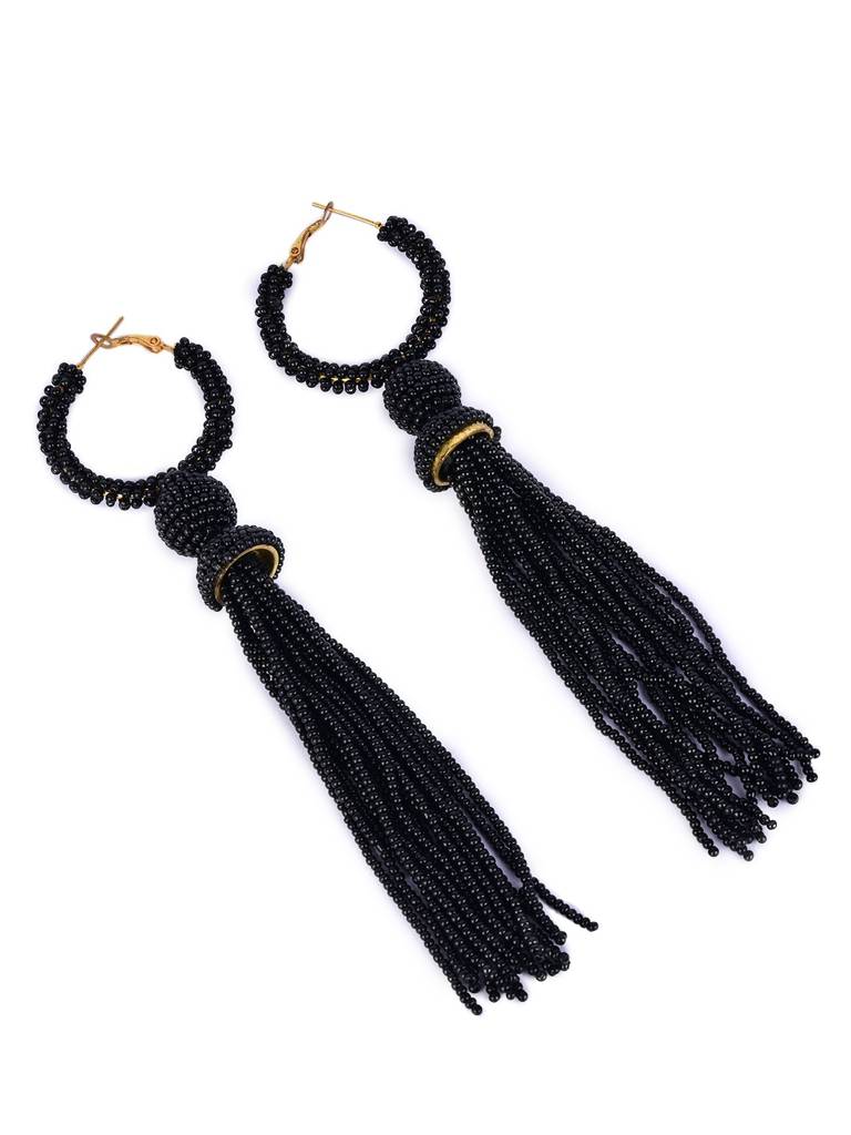 Elegant Black Beaded Hoop Earrings With Tassel Detail : BLACK-TASSEL-EARRING