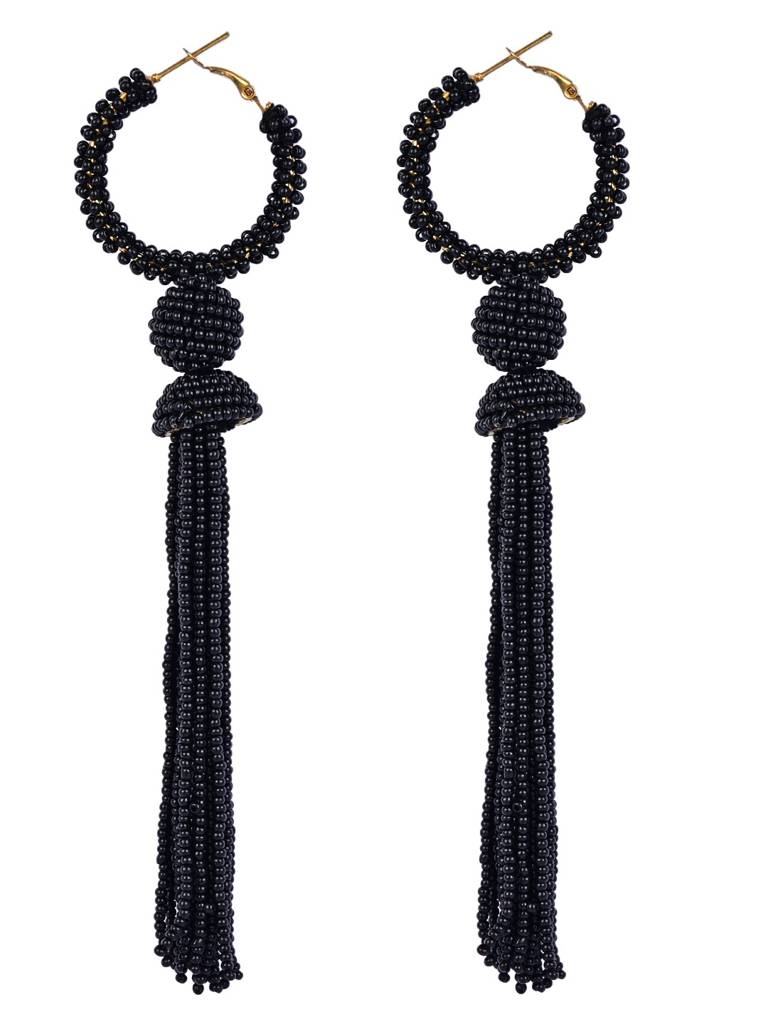 Elegant Black Beaded Hoop Earrings With Tassel Detail : BLACK-TASSEL-EARRING