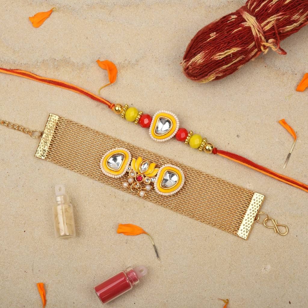 Yellow Meenakari Kundan Gold Mesh Cuff & Thread Rakhi Set (Pack Of 2) : MJRAKHI24