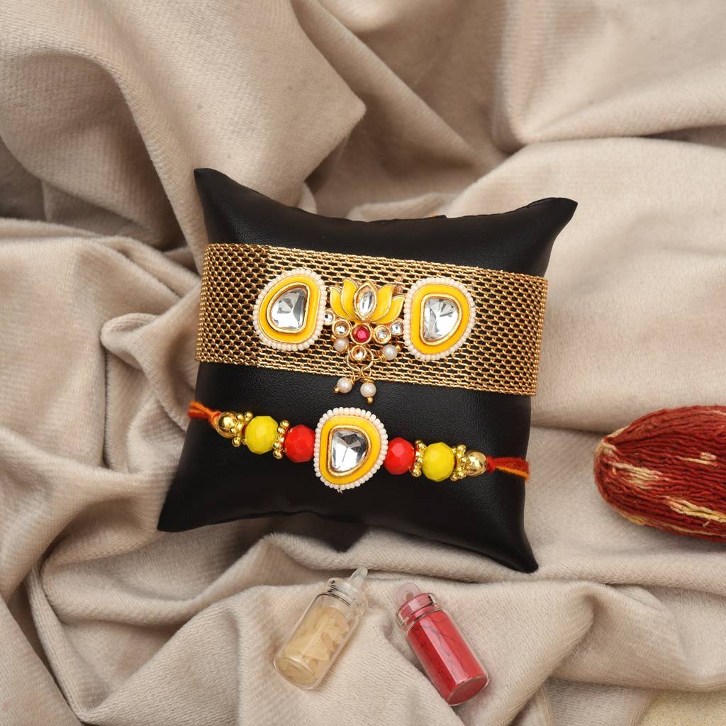 Yellow Meenakari Kundan Gold Mesh Cuff & Thread Rakhi Set (Pack Of 2) : MJRAKHI24