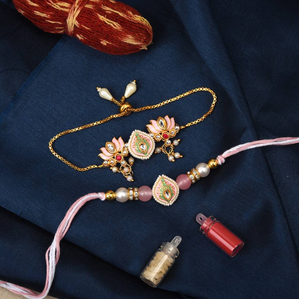 Pastel Pink Lotus Meenakari Kundan Adjustable Chain & Thread Rakhi Set (Pack Of 2) : MJRAKHI25