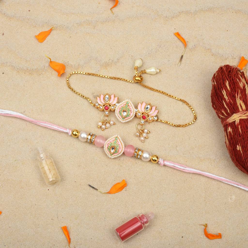 Pastel Pink Lotus Meenakari Kundan Adjustable Chain & Thread Rakhi Set (Pack Of 2) : MJRAKHI25