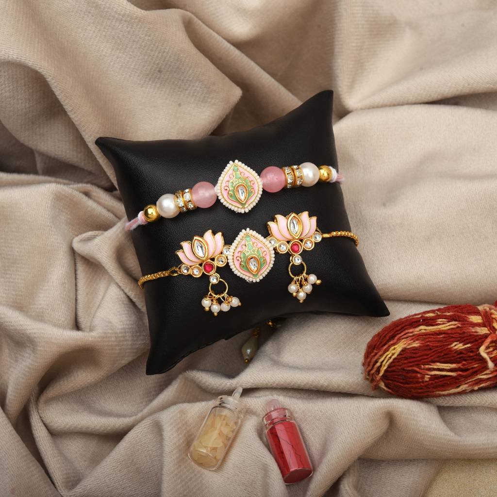 Pastel Pink Lotus Meenakari Kundan Adjustable Chain & Thread Rakhi Set (Pack Of 2) : MJRAKHI25