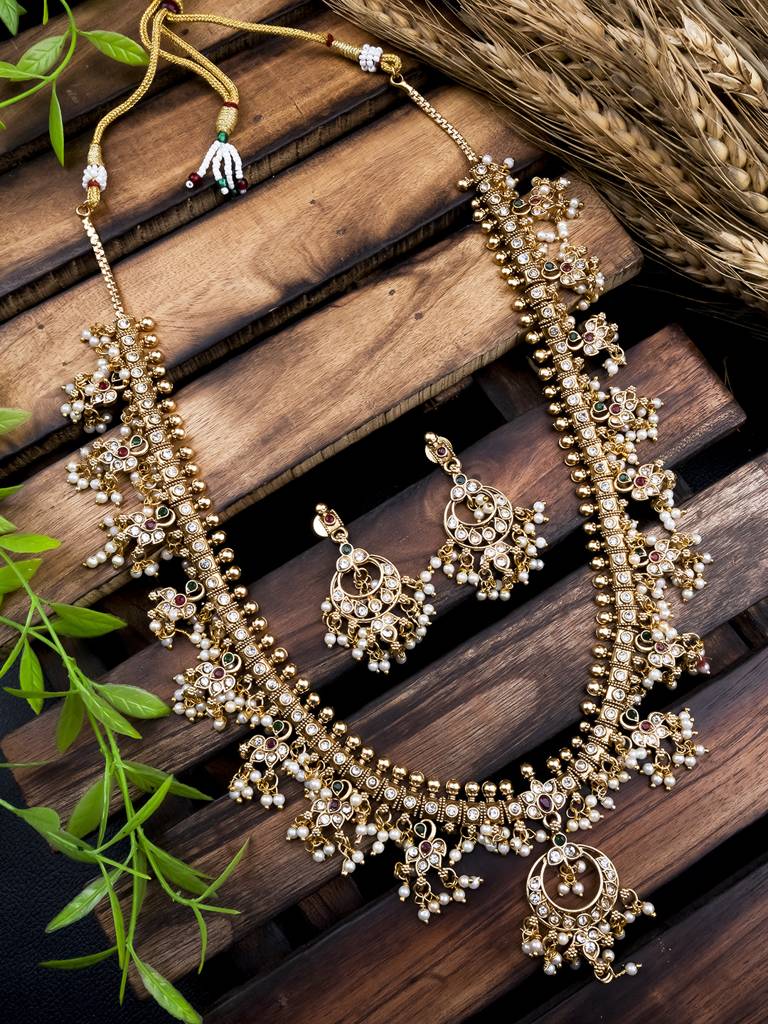 Gold Plated Bridal Guttapusallu Long Necklace Setâ : SATJS333LONG
