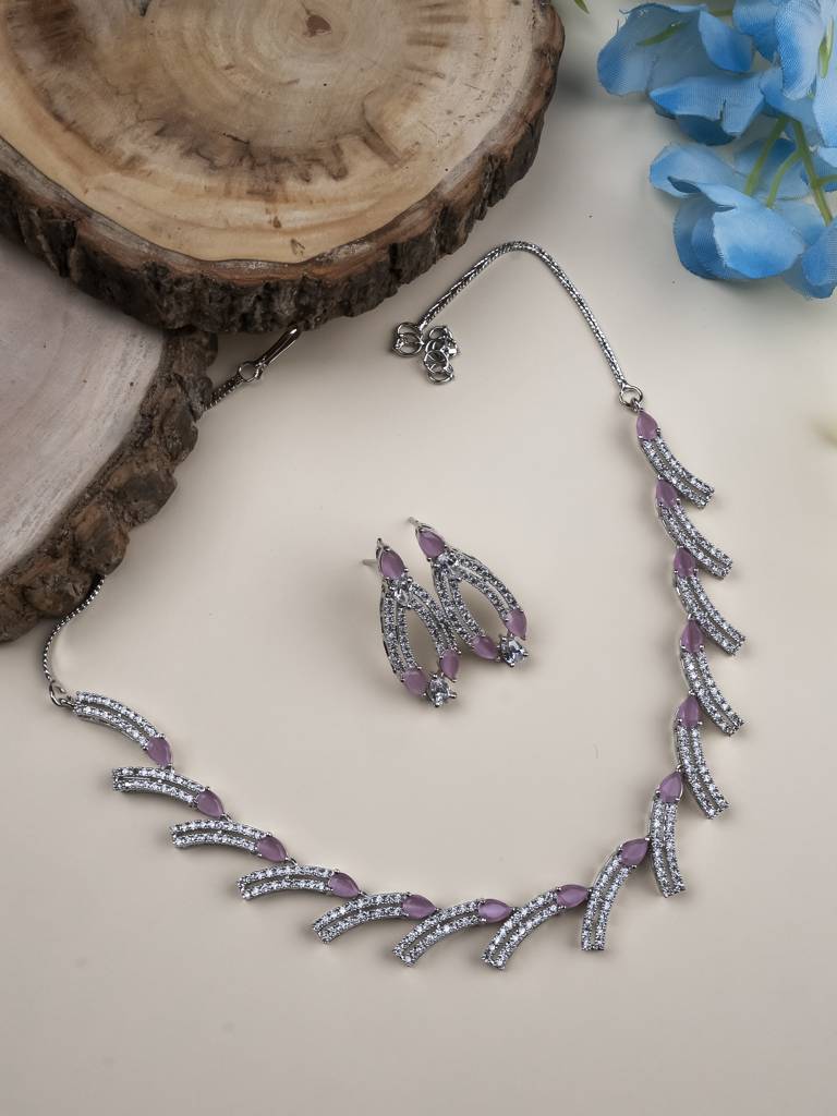 Sleek Luxurious Symmetrical Line Ad Necklace Set For Weddings, Parties And Festivals : AD139PINK