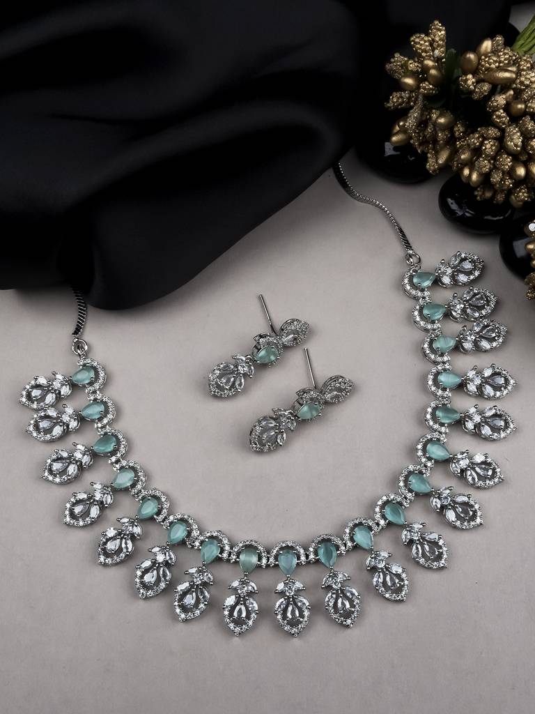 Elegant Leaf Style American Diamond Necklace Set With Sleek Earrings : AD138MINT