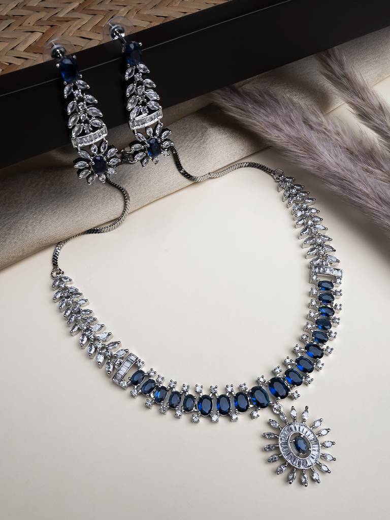 Silver Plated American Diamond Studded Dual Shade Necklace Set : AD142Blue