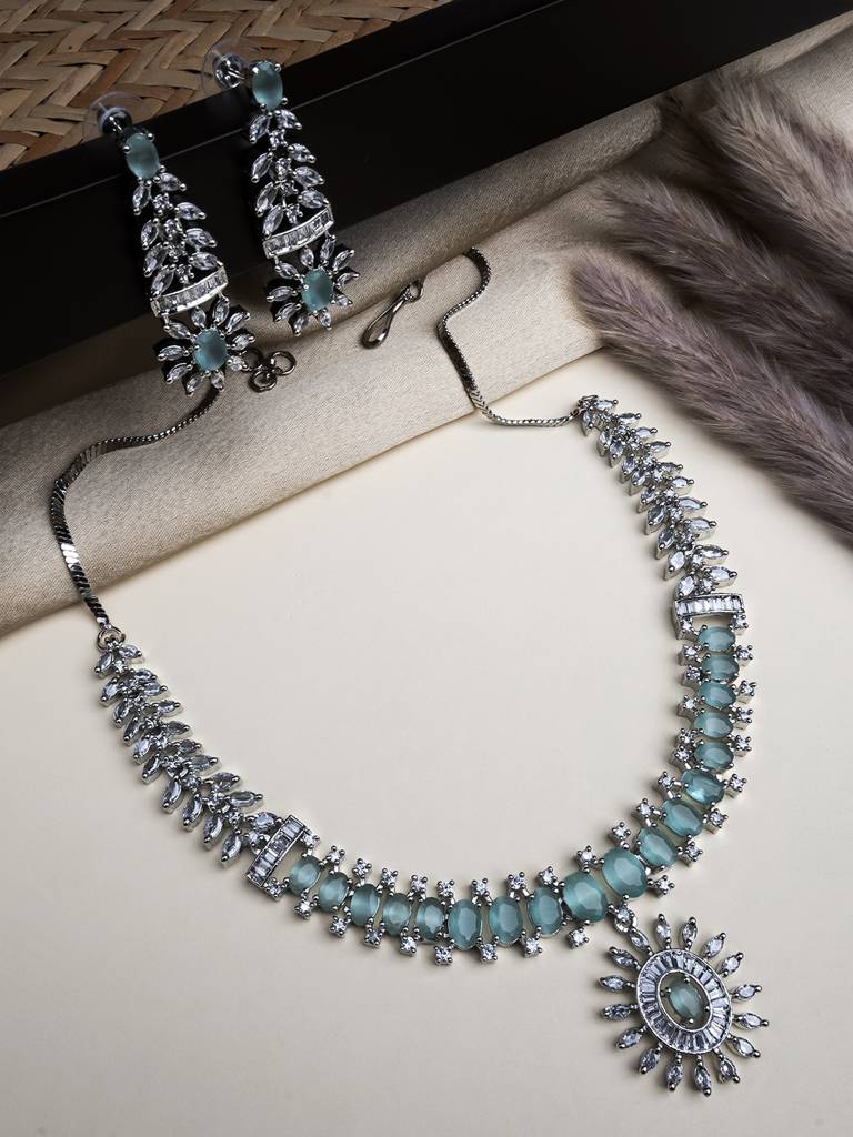 Silver Plated American Diamond Studded Dual Shade Necklace Set : AD142Mint