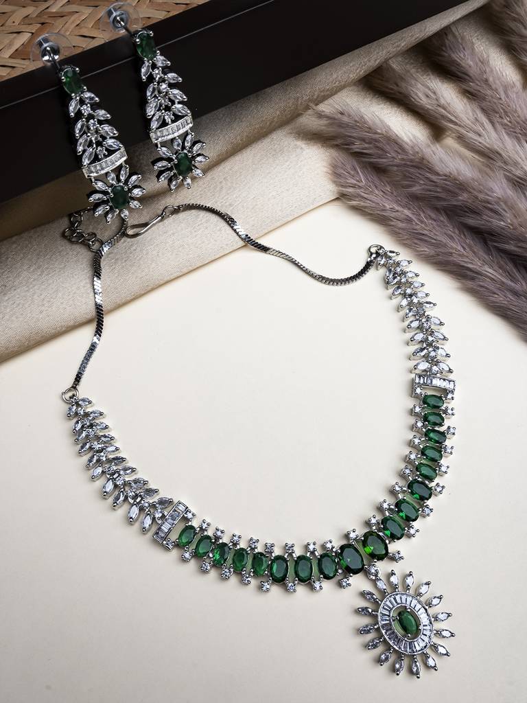 Silver Plated American Diamond Studded Dual Shade Necklace Set : AD142Green