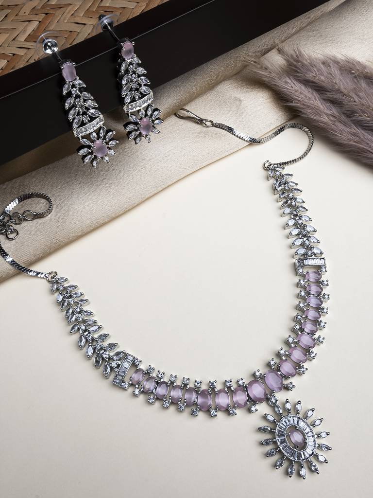 Silver Plated American Diamond Studded Dual Shade Necklace Set : AD142Pink