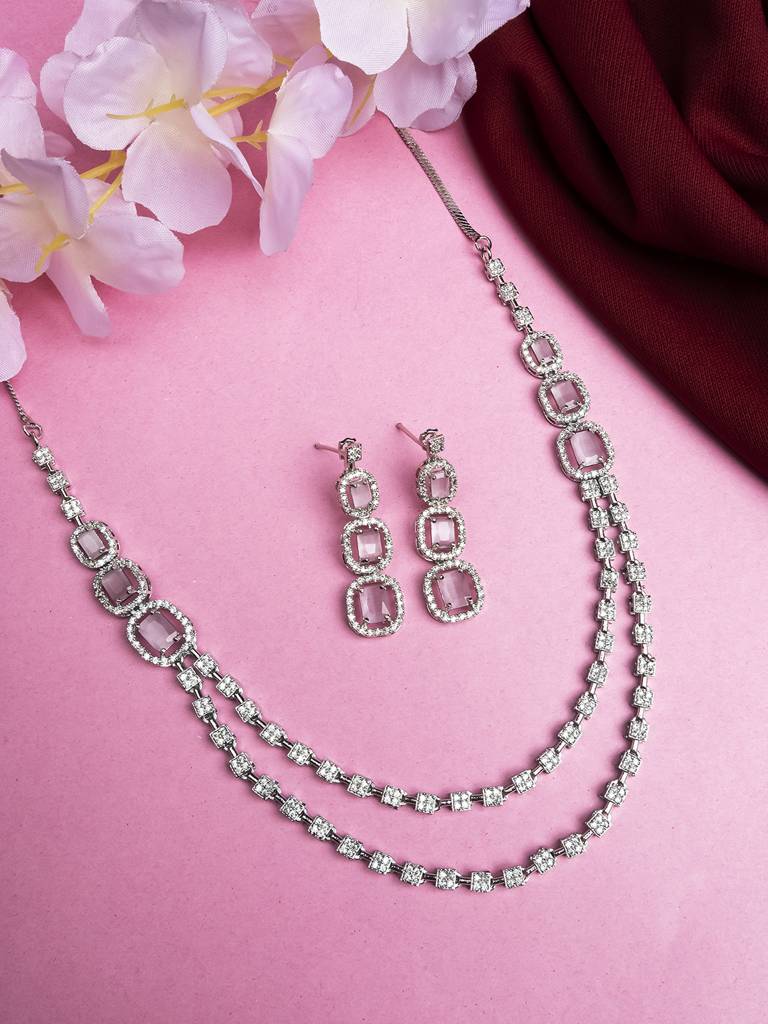 Silver-Plated American Diamond Studded Layered Jewellery Set : AD140PINK