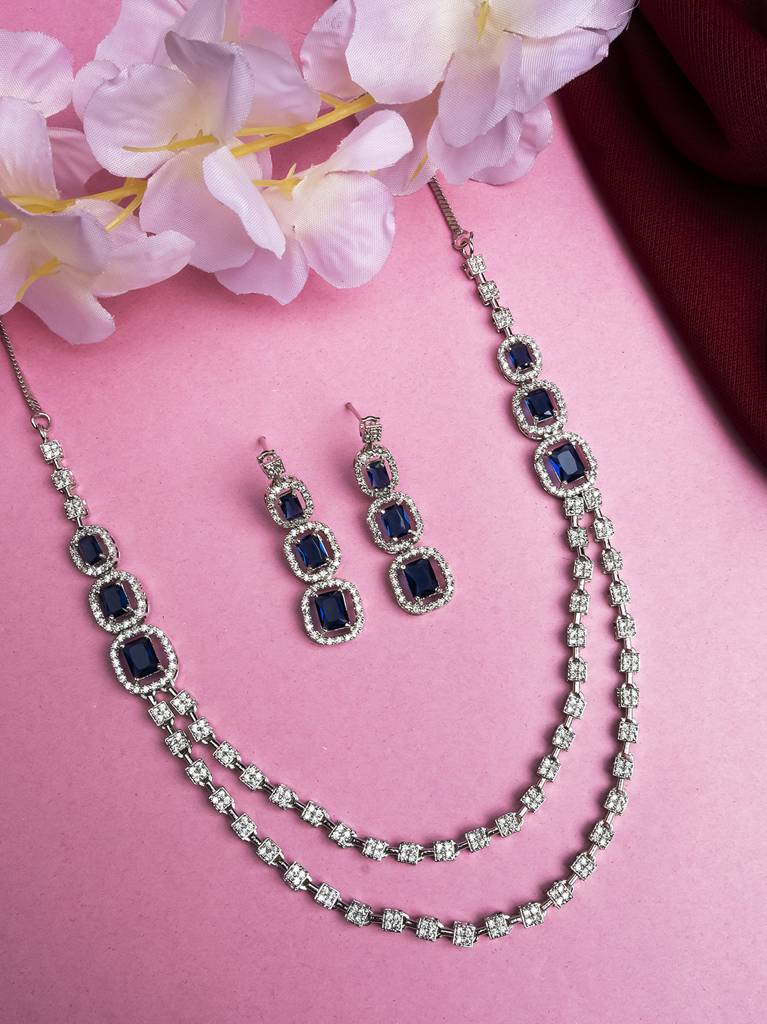 Silver-Plated American Diamond Studded Layered Jewellery Set : AD140BLUE