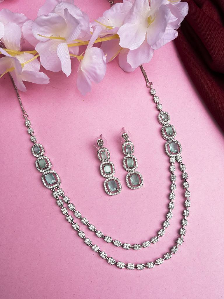 Silver-Plated American Diamond Studded Layered Jewellery Set : AD140MINT