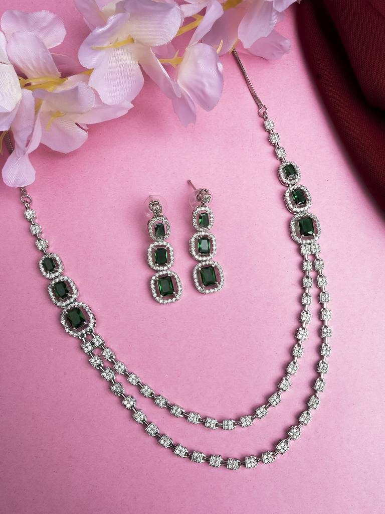 Silver-Plated American Diamond Studded Layered Jewellery Set : AD140GREEN