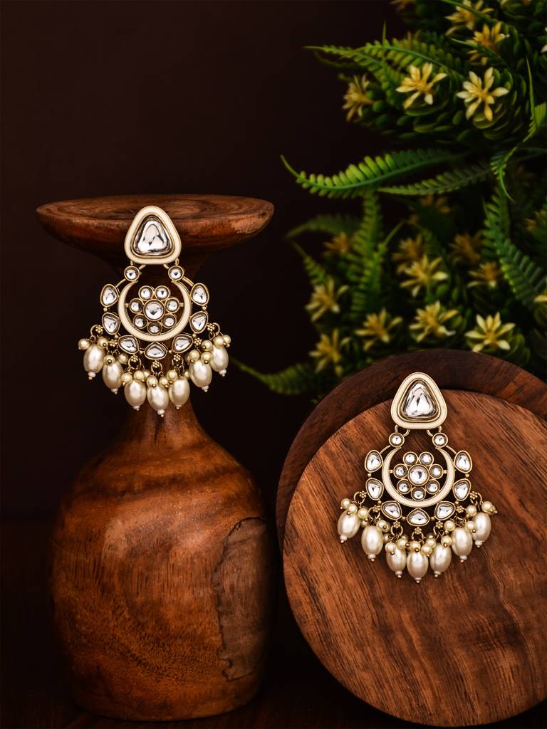 Kundan Hoop Pearl Fringe Earrings : S24FAER238WHT