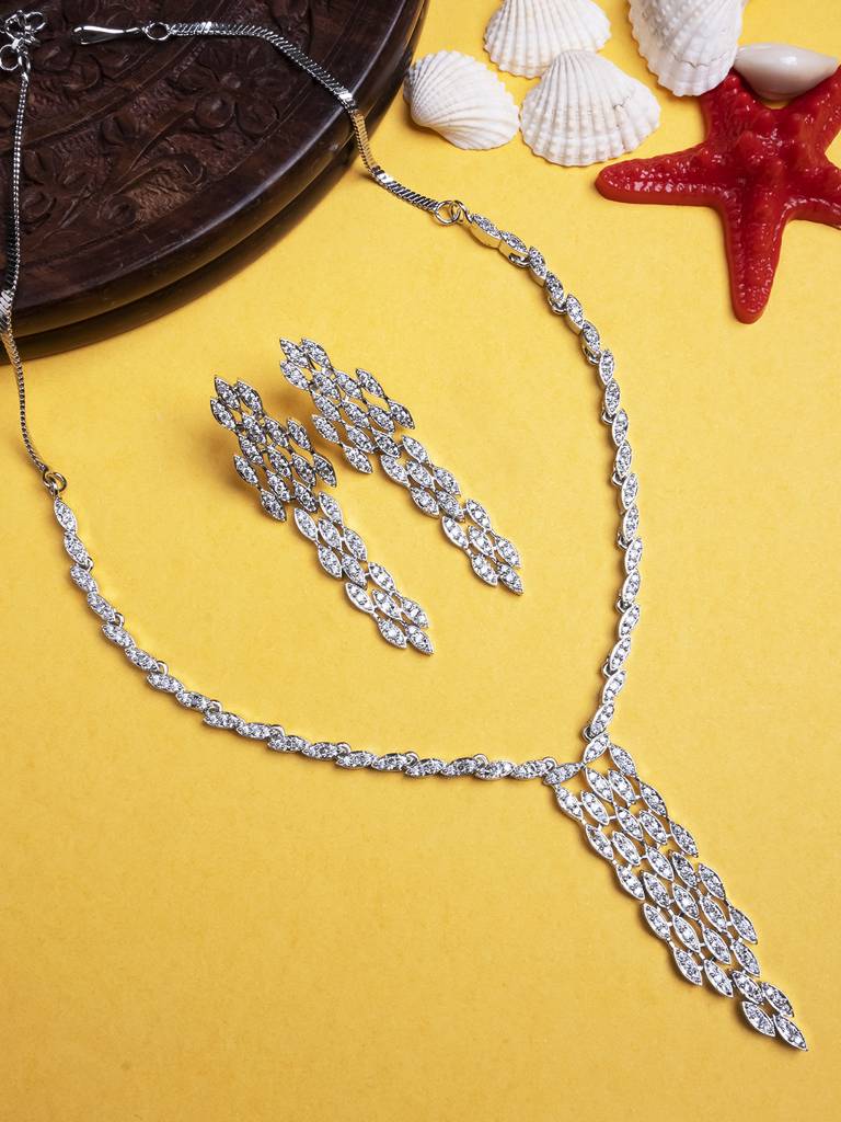 Silver Plated American Diamond Necklace Set : AD144