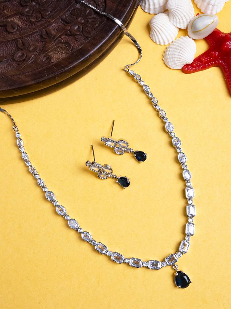 Sleek Silver Finish Ad Necklace Set-Ad145 : AD145BLUE